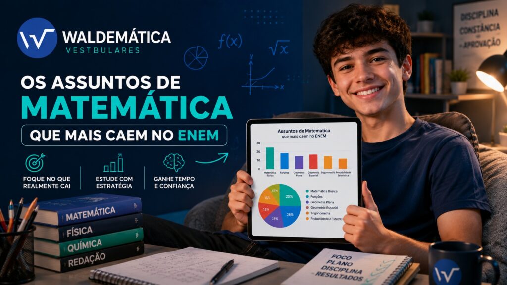 Estudante sorrindo enquanto estuda pelo tablet os assuntos de matemática que mais caem no ENEM, com o logo oficial da Waldemática.