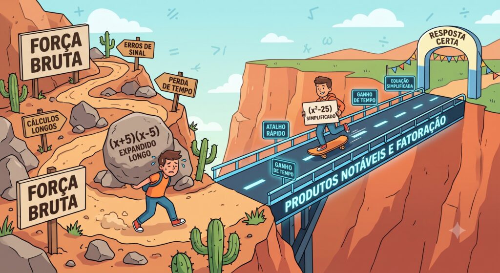 Ilustração comparando um caminho longo e cheio de obstáculos chamado 'força bruta' com uma ponte reta e rápida chamada 'produtos notáveis e fatoração'.