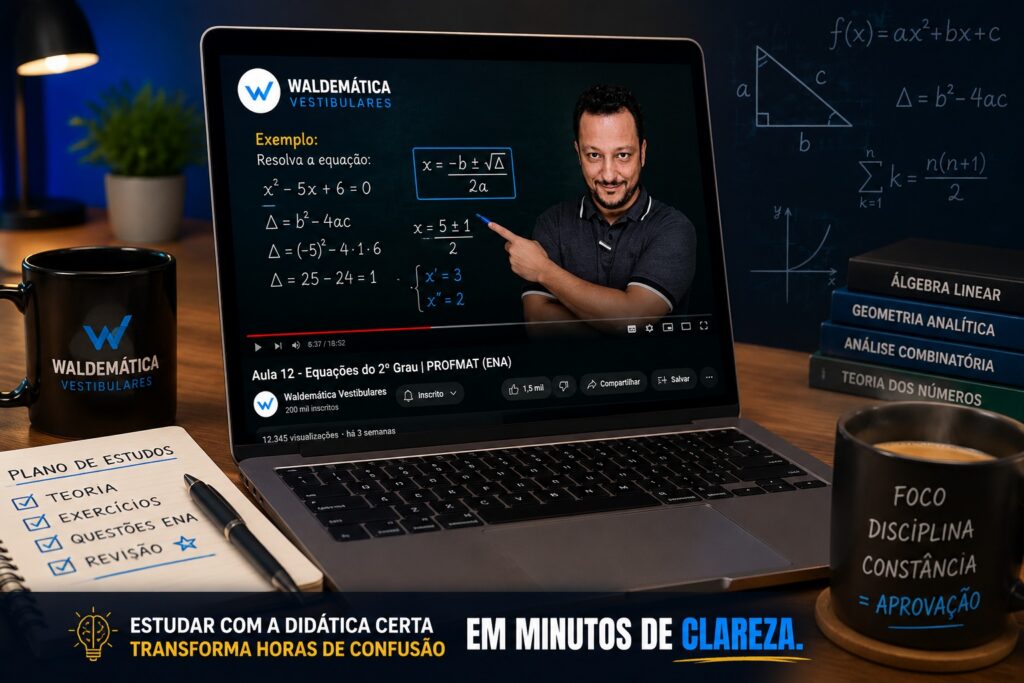 Notebook aberto exibindo uma videoaula de matemática em uma mesa de estudos com uma xícara de café