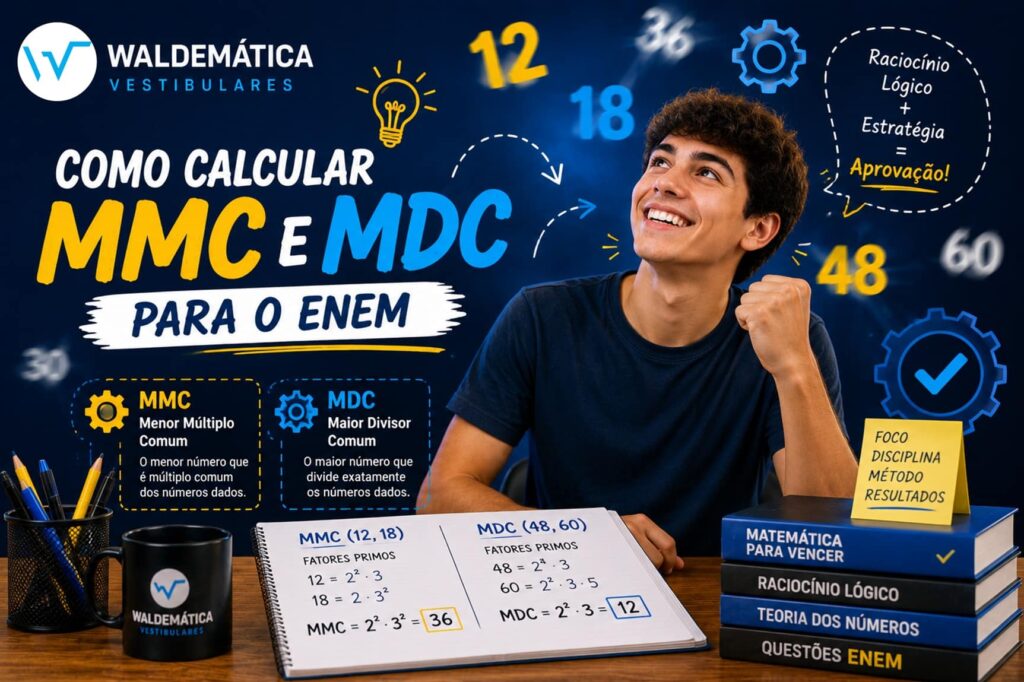 Estudante sorrindo ao lado de símbolos matemáticos com o logo da Waldemática, ilustrando o aprendizado de MMC e MDC.