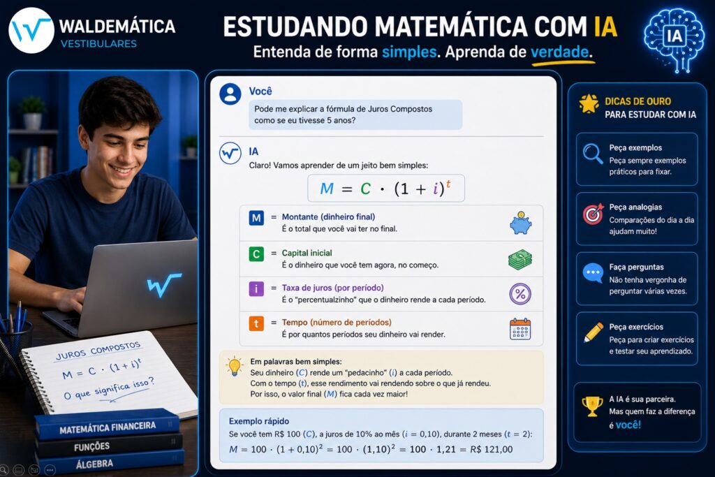 Tela de chat de Inteligência artificial explicando a fórmula de Juros Compostos com cores didáticas, contendo o logo da Waldemática.