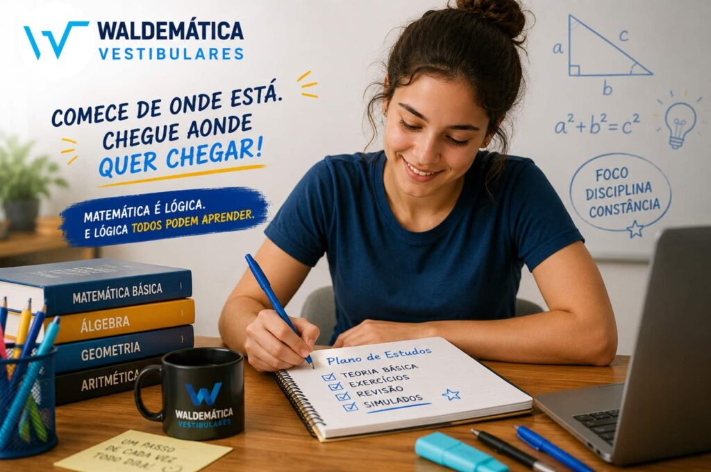 Estudante sorrindo enquanto resolve exercícios em um caderno, com o logo oficial do site Waldemática no canto superior.