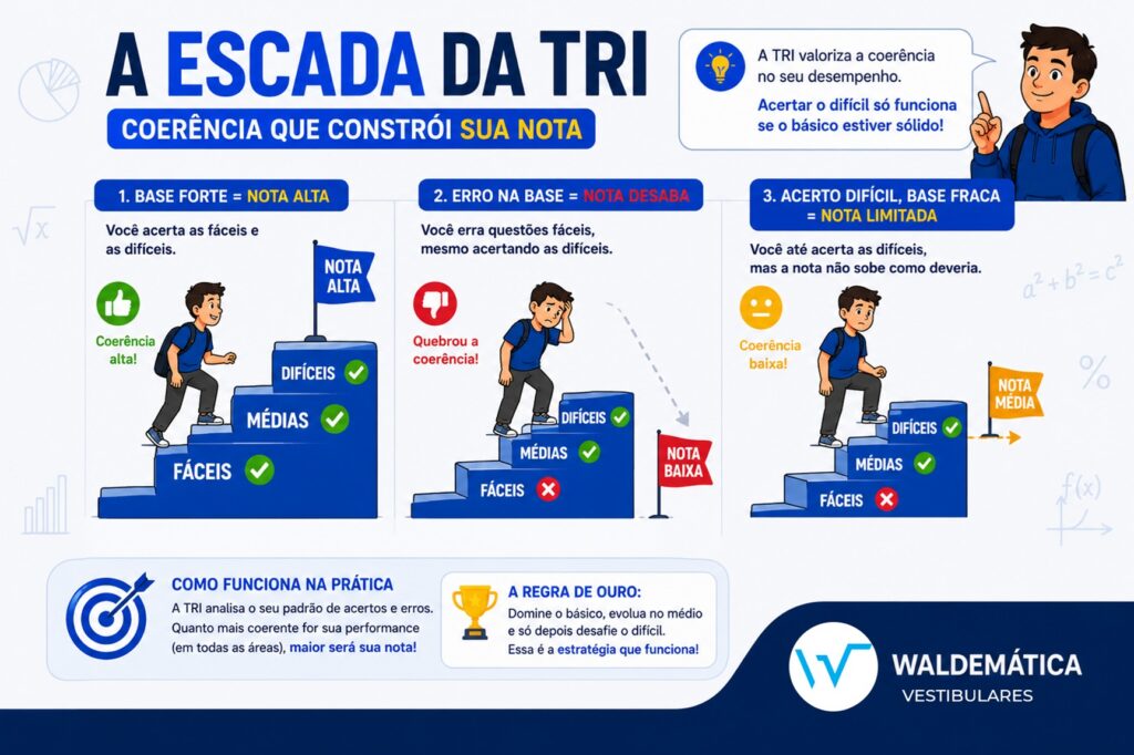 Infográfico mostrando a coerência pedagógica da TRI, onde a base de questões fáceis sustenta a nota do ENEM