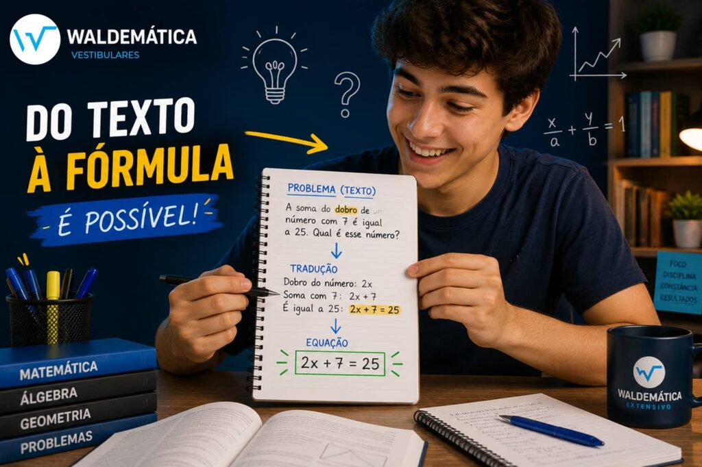 Estudante sorrindo que aprendeu como interpretar problemas de Matemática e montar a equação de um problema em seu caderno.