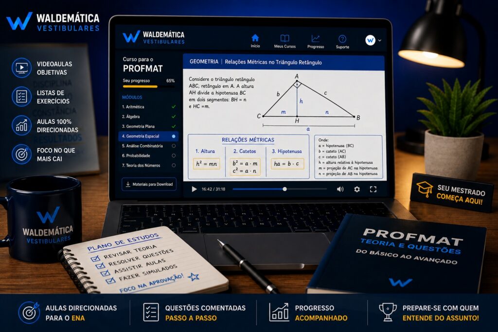 Tela de computador mostrando a plataforma de alunos do curso preparatório para o PROFMAT da Waldemática.