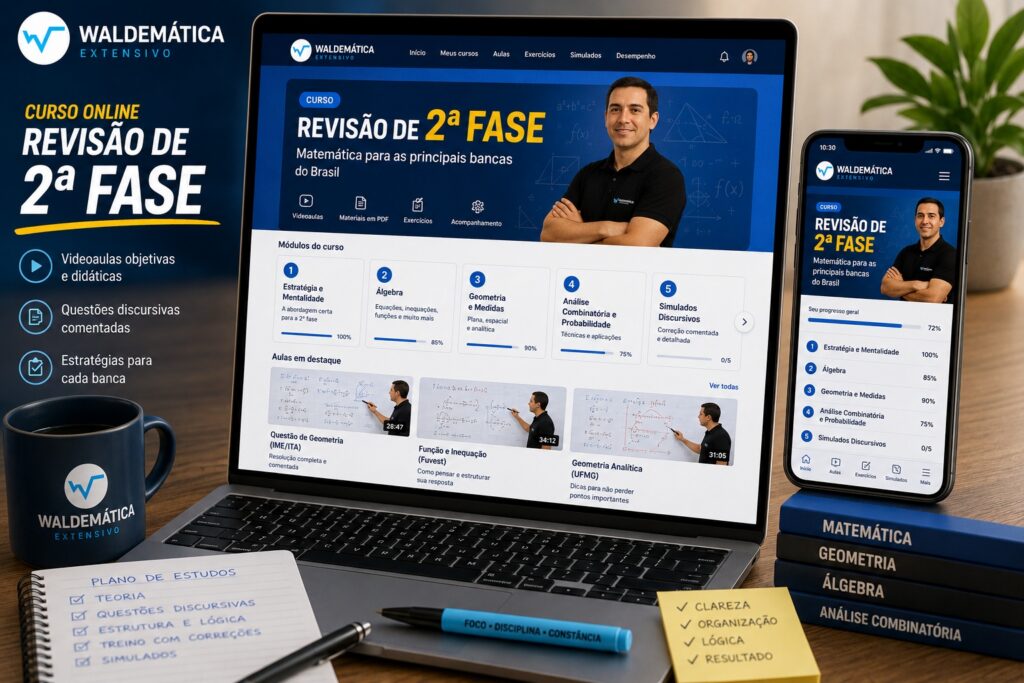 Telas de um computador e de um celular exibindo a página do curso Revisão de 2ª Fase, destacando a interface didática e o logo oficial do site Waldemática.