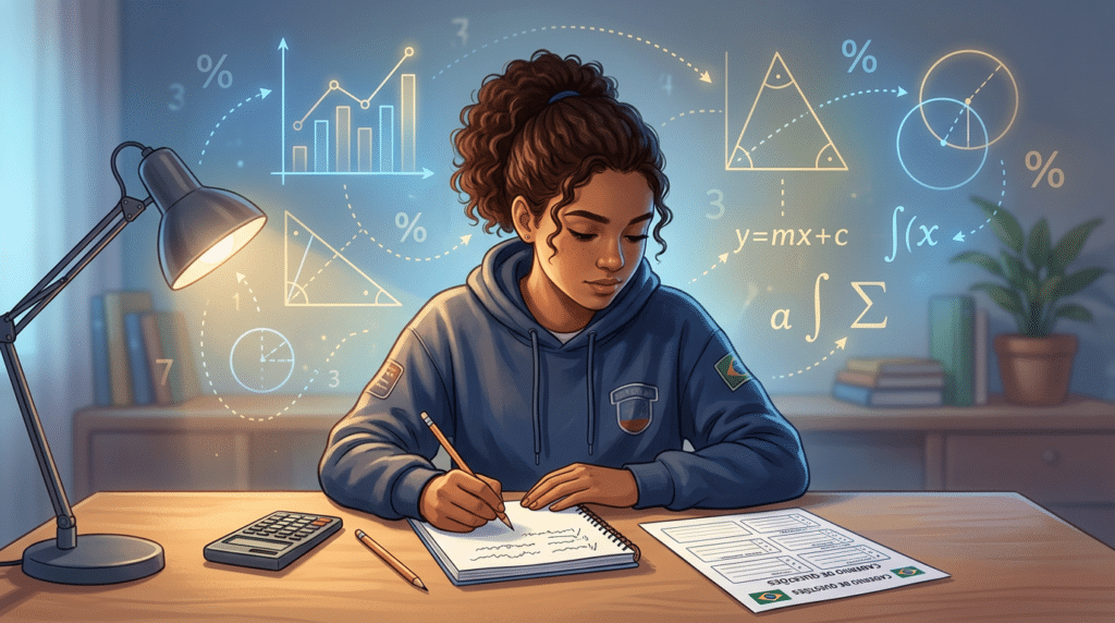 Menina estudando para o enem em uma escrivaninha com uma luminária e atrás dela vários gráficos e expressões matemática.