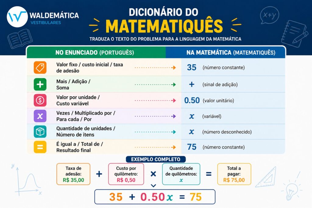 Tabela mostrando a tradução de termos do português para símbolos matemáticos, chamada de Dicionário Matematiquês.