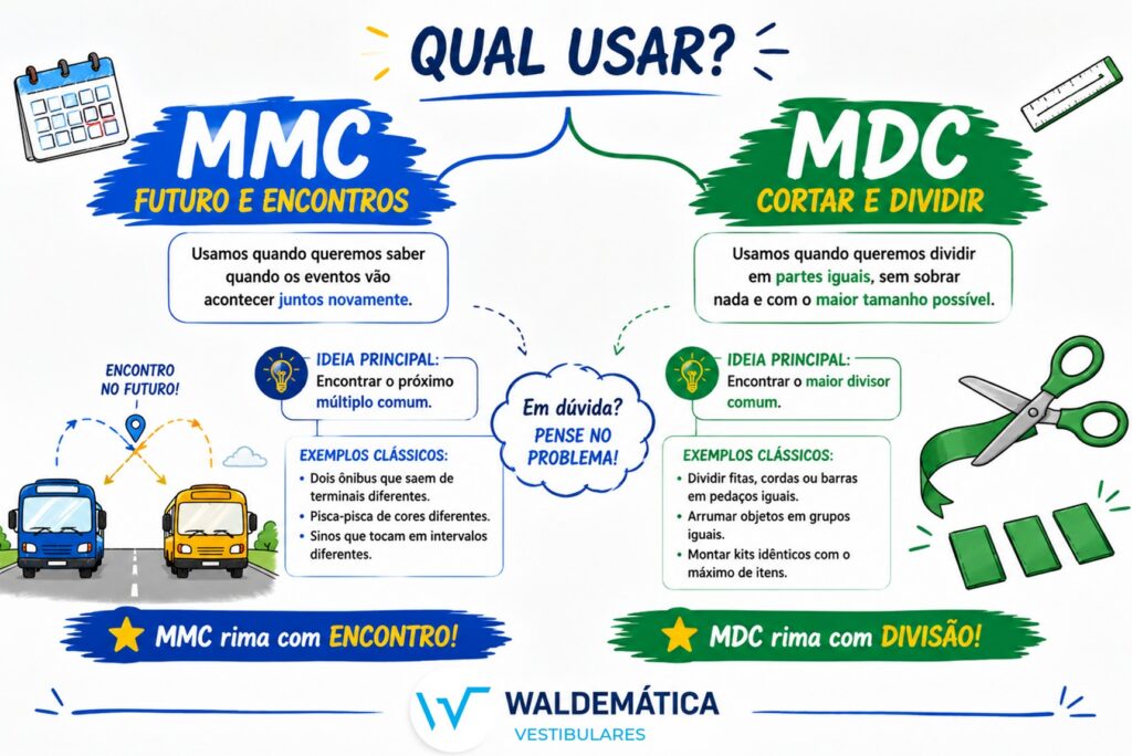 Esquema visual mostrando que MMC é usado para problemas de encontros no futuro e MDC para dividir objetos em partes iguais.