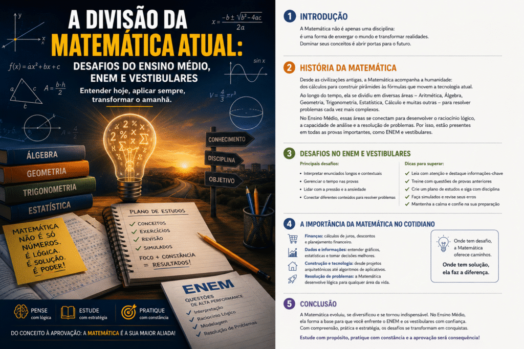 Infográfico mostrando as áreas da Matemática no Ensino Médio, com foco em Álgebra, Geometria e Trigonometria