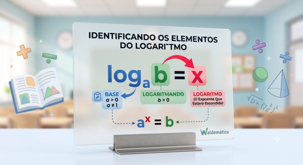 Uma infografia didática e moderna em close-up de uma placa de acrílico flutuante, montada em um suporte de metal, isolando a fórmula fundamental logₐ b = x contra um fundo de sala de aula desfocado (estilo image_0.png). O título 'IDENTIFICANDO OS ELEMENTOS DO LOGARITMO' está no topo da placa. Setas coloridas curvas e precisas rotulam cada componente com ícones modernos: uma seta azul aponta para o 'a' (rendered em azul), rotulada como 'BASE' com condições '$a > 0, a \neq 1$'; uma seta verde aponta para o 'b' (rendered em verde), rotulada como 'LOGARITMANDO' com condição '$b > 0$'; e uma seta vermelha em destaque (matching o expoente em image_0.png) aponta para o 'x' (rendered em vermelho vibrante), rotulada como 'LOGARITMO' com subtext '(O Expoente que estava escondido!)'. Uma pequena caixa secundária abaixo mostra a conversão $log_a b = x ⇔ a^x = b$ com as mesmas setas coloridas conectando os termos correspondentes. O estilo é moderno, digital e profissional.