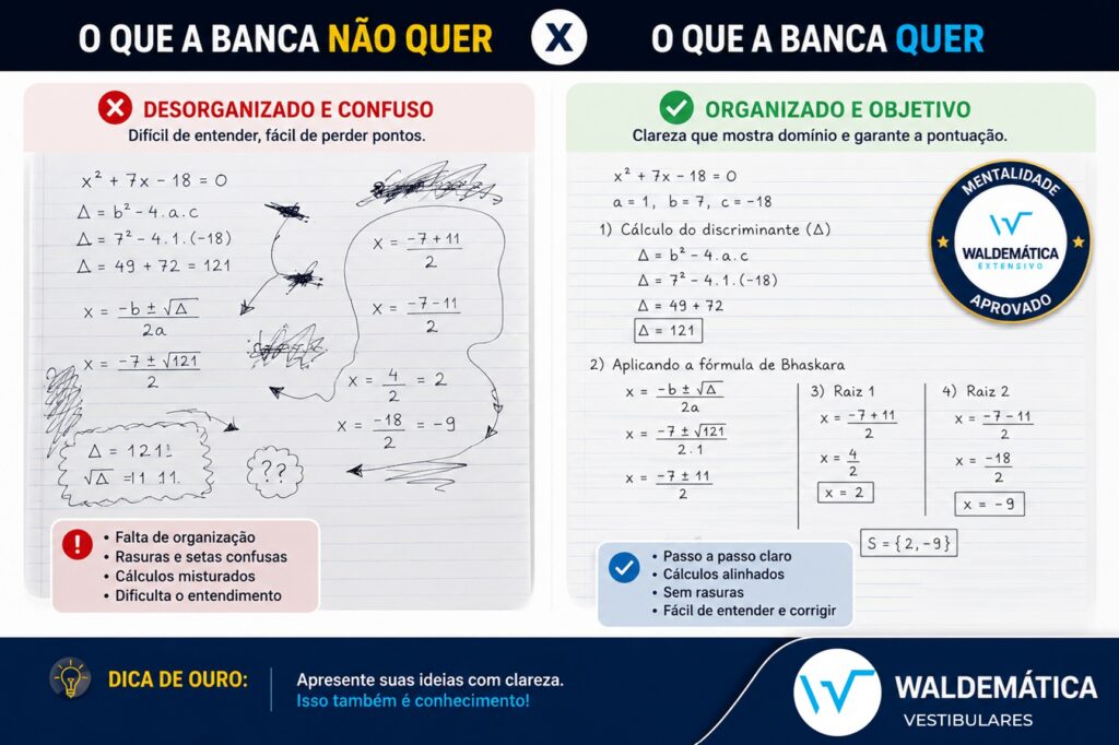 Exemplo de uma folha de rascunho com cálculos desorganizados, setas confusas e rasuras, contrastando com o logo oficial do site Waldemática inserido como selo de qualidade.