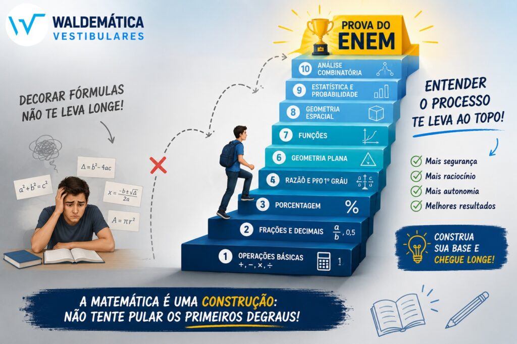 Ilustração de uma escada onde os primeiros degraus representam a matemática básica e o topo representa a prova do ENEM, contendo o logo oficial do site Waldemática.