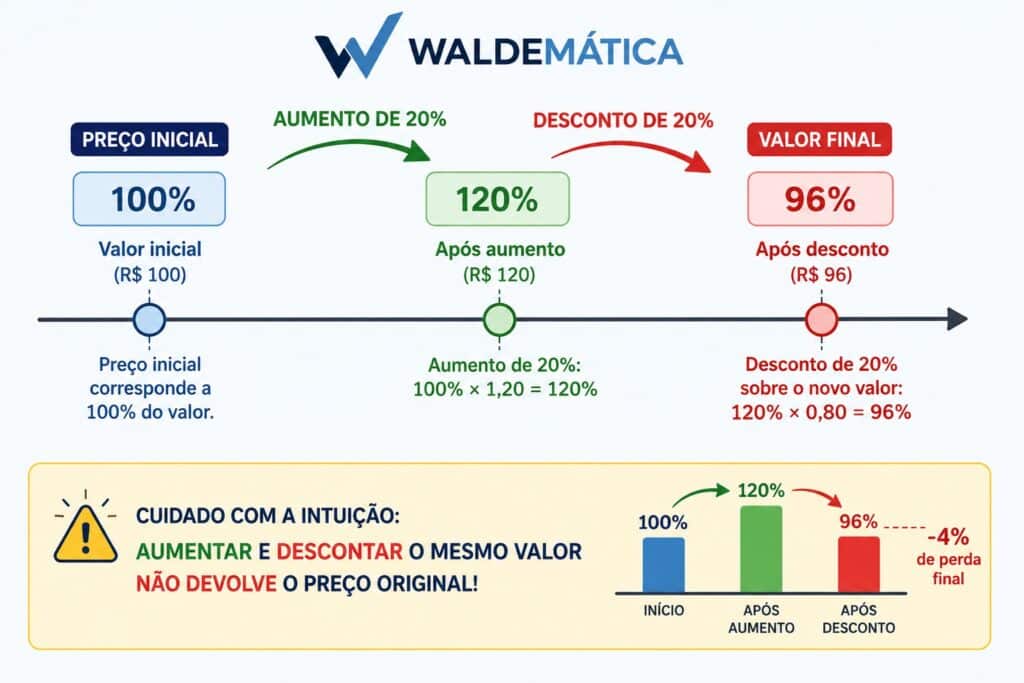 Esquema gráfico demonstrando que um aumento de 20% seguido de um desconto de 20% resulta em uma perda final de 4%.