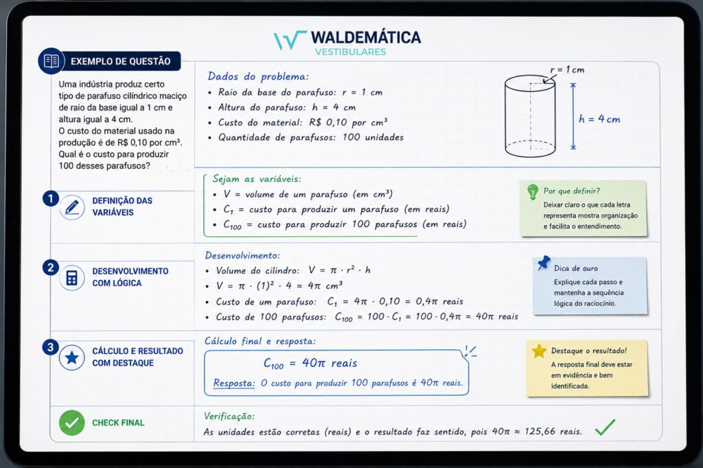 Lousa digital exibindo a organização lógica de um problema matemático passo a passo, desde a declaração de variáveis até o destaque do resultado final, com o logo oficial do site Waldemática no topo.