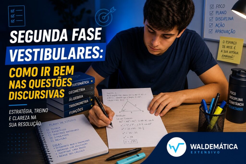 Estudante do ensino médio escrevendo a resolução de um problema matemático em uma folha de prova dissertativa, com o logo oficial do site Waldemática no canto inferior direito.