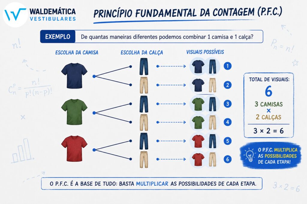 Diagrama de árvore mostrando a combinação de 3 camisas diferentes com 2 calças, totalizando 6 visuais, com o logo da Waldemática.