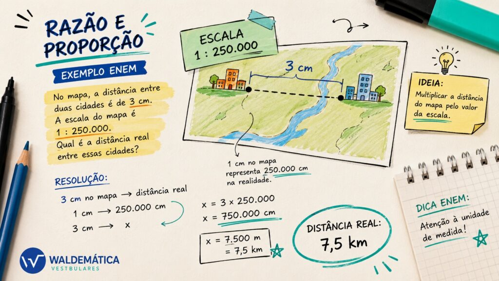 Desenho de um mapa com escala, exemplificando visualmente como resolver questões de razão e proporção no ENEM.
