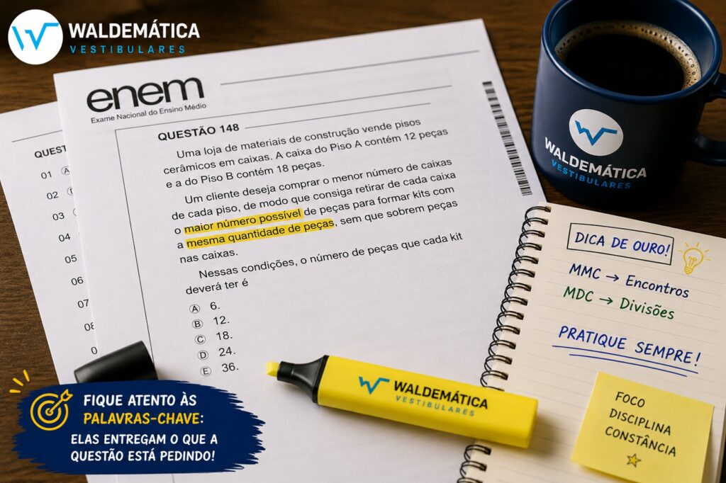 Prova do ENEM sobre a mesa com palavras-chave de problemas matemáticos destacadas em marca-texto amarelo.