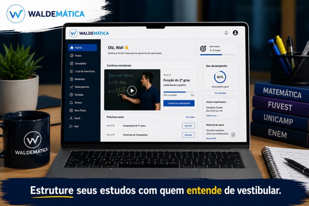 Tela de computador exibindo a plataforma de estudos e videoaulas do curso Extensivo Waldemática.