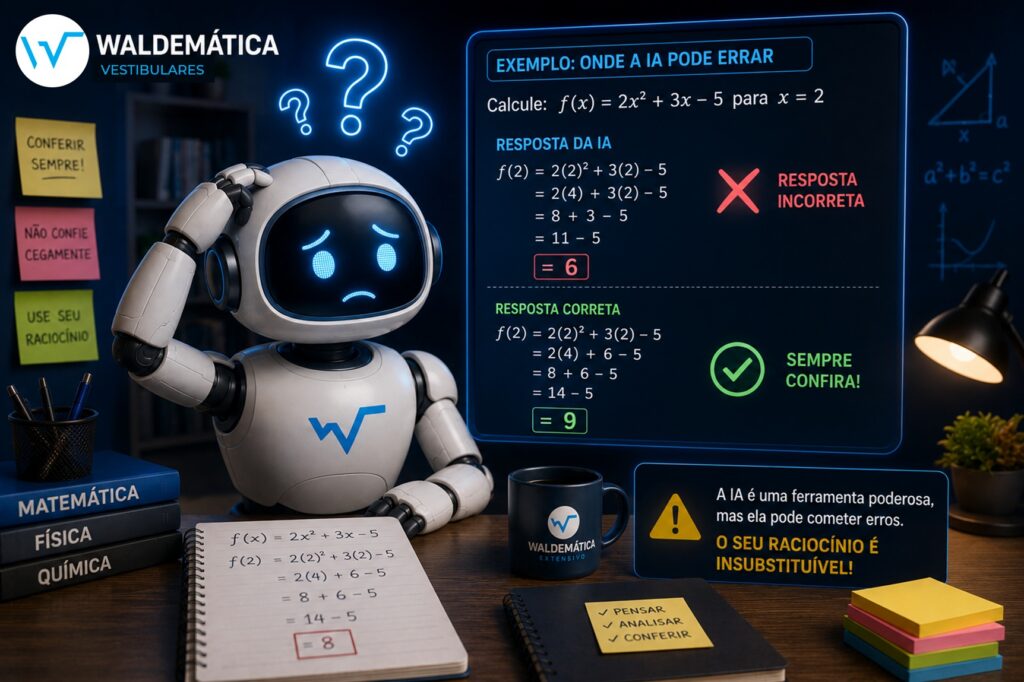 Robô coçando a cabeça com uma expressão de confusão diante de um cálculo matemático com erro, ilustrando as falhas da inteligência artificial.