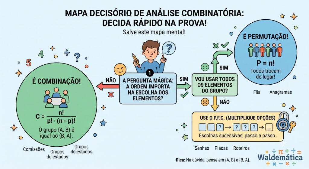 Fluxograma decisório perguntando "A ordem importa?". Se sim e usa todos, Permutação. Se não, Combinação. Inclui o logo da Waldemática.