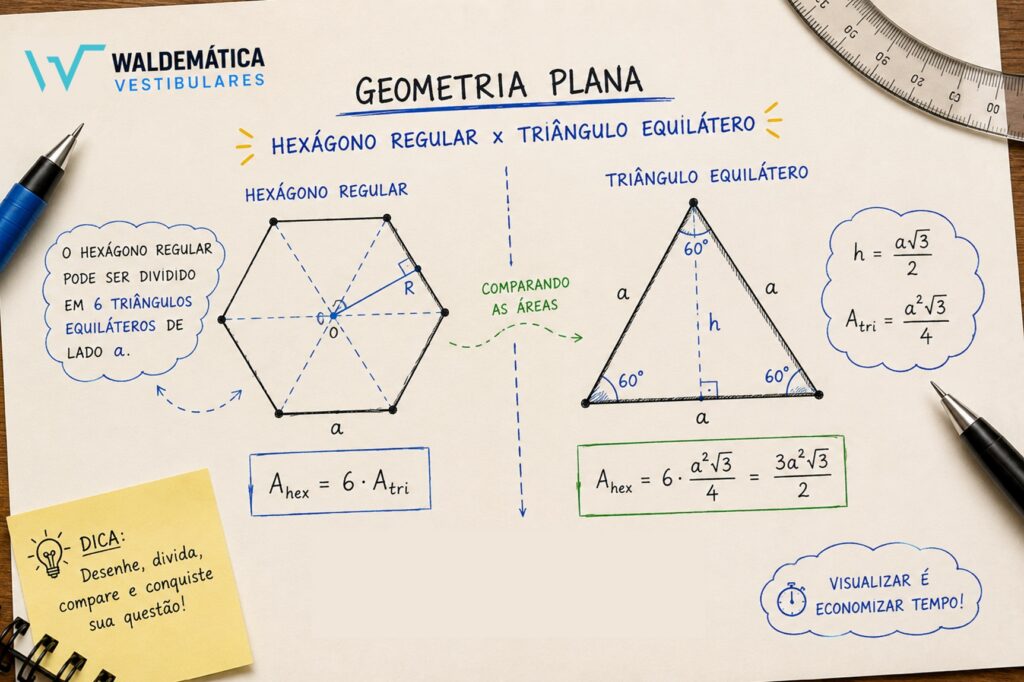 Desenho geométrico comparando a área de um hexágono regular com um triângulo equilátero.