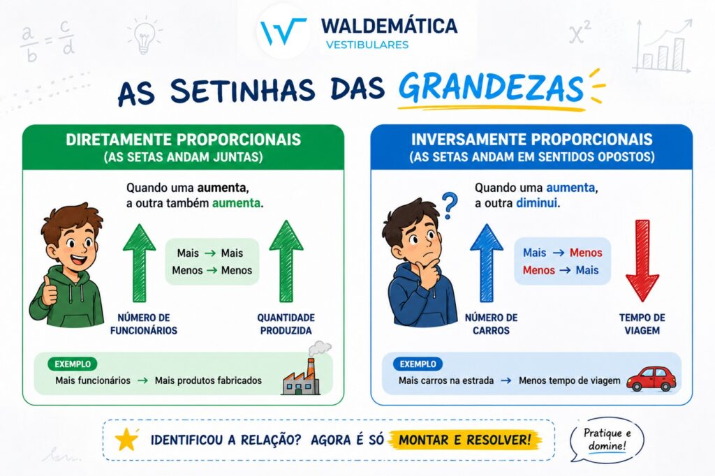 Diagrama mostrando setas na mesma direção para grandezas diretamente proporcionais e setas em direções opostas para grandezas inversas, com a marca Waldemática.