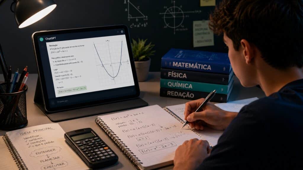 Estudante escrevendo em um caderno de anotações enquanto observa a tela de um tablet com um gráfico matemático.
