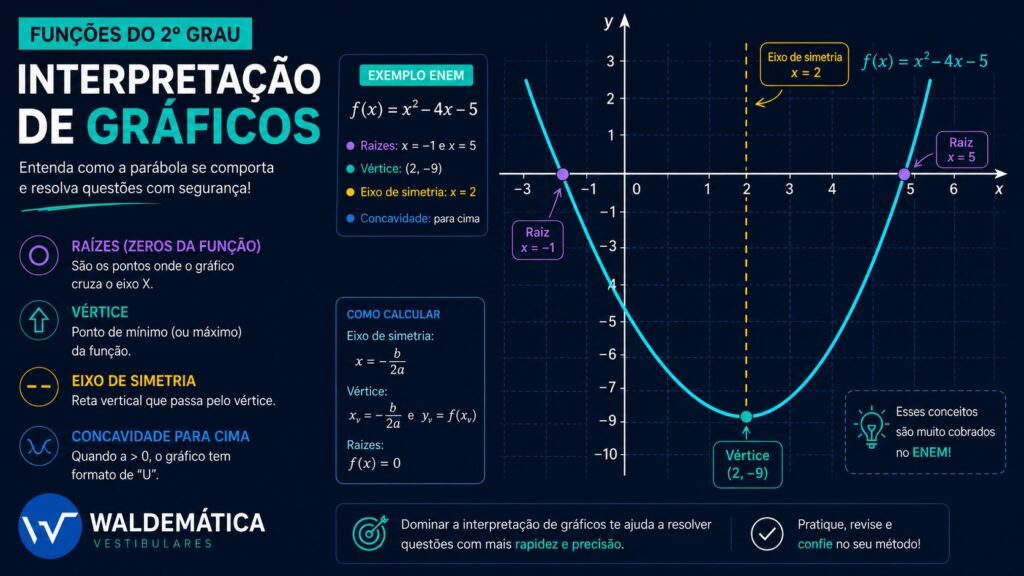 Plano cartesiano com uma parábola colorida, ilustrando o estudo de funções para a prova de matemática do ENEM.