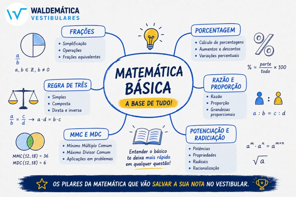 Mapa mental contendo tópicos de matemática básica como frações, porcentagem, regra de três, MMC e MDC, com o logo oficial do site Waldemática em destaque.