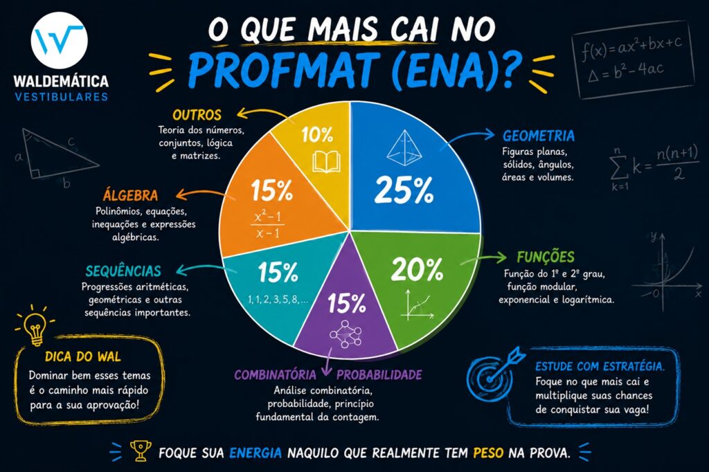 Gráfico de pizza colorido ilustrando os temas mais cobrados no ENA, como geometria, funções e combinatória