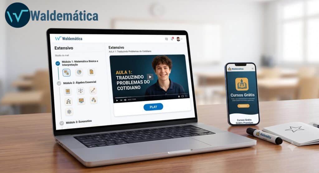 Tela de computador mostrando a plataforma de estudos e uma videoaula de matemática no site Waldemática.