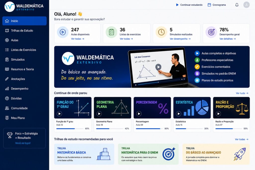 Captura de tela da plataforma de estudos Waldemática mostrando organização das aulas e trilhas de aprendizado.