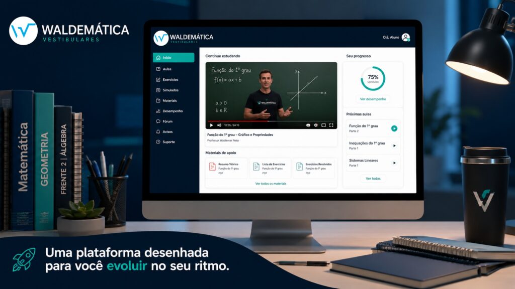 Tela de computador exibindo a plataforma do Extensivo Waldemática com videoaulas e materiais de apoio, com o logo oficial do site Waldemática visível.