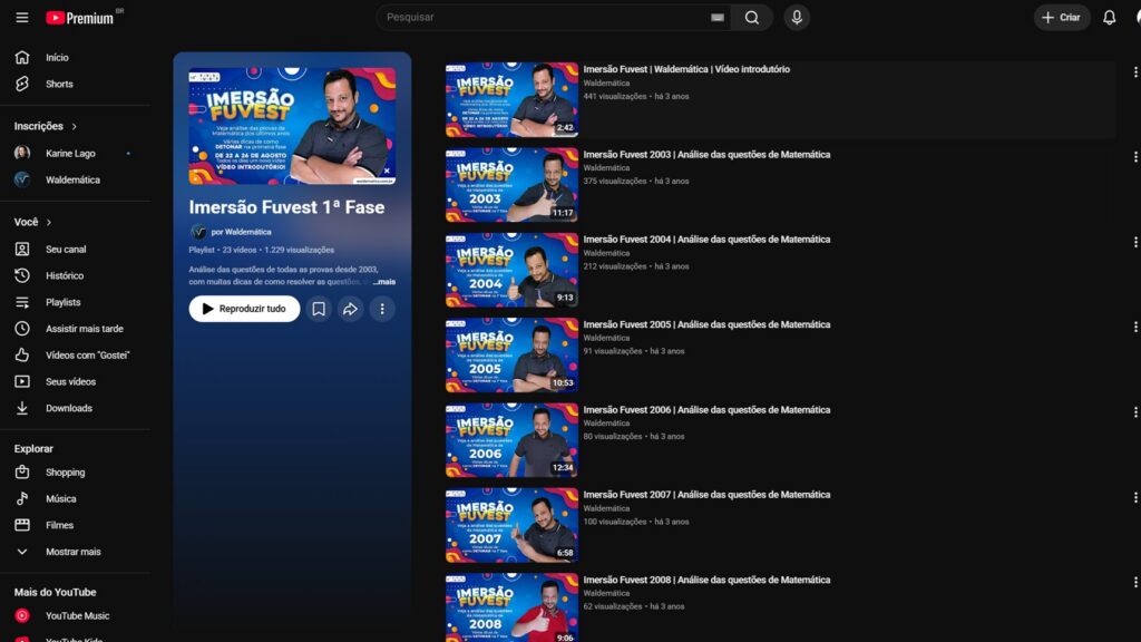 Captura de tela mostrando a capa da playlist Imersão Fuvest no YouTube, com vários vídeos listados em sequência.