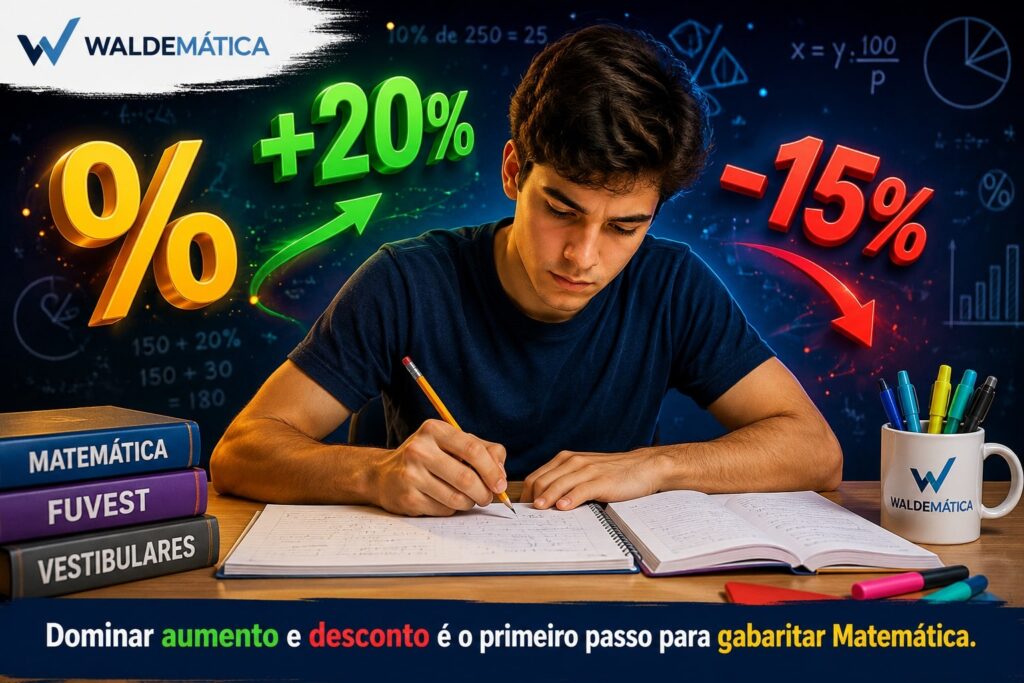 Estudante resolvendo questões de matemática com símbolos de porcentagem, aumento e desconto flutuando.