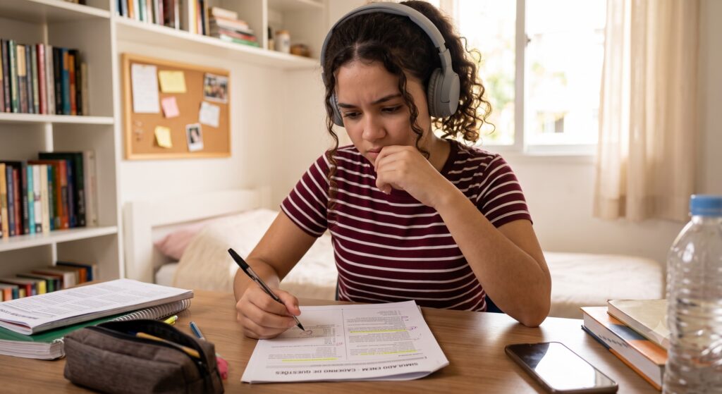 Uma jovem concentrada, com cabelo cacheado preso e usando fones de ouvido grandes e prateados, está sentada a uma mesa de madeira rústica, focada em um caderno de prova aberto. Ela veste uma camiseta de algodão listrada nas cores bordô e branco. Sua mão direita está no queixo, em um gesto pensativo, enquanto a esquerda segura uma caneta preta e está posicionada sobre o papel. O caderno de prova tem muito texto impresso e algumas anotações à caneta, com o título visível na parte superior: "SIMULADO ENEM - CADERNO DE QUESTÕES". A mesa está organizada com uma pilha de livros de capa dura e um estojo de lápis de tecido cinza aberto com canetas à esquerda, e um smartphone (preto, tela para baixo) e uma garrafa de água de plástico transparente com tampa azul à direita. O ambiente de fundo é um quarto aconchegante e bem iluminado pela luz natural de uma janela com cortina branca semi-transparente ao lado. Atrás dela, há uma estante de livros de madeira cheia de livros de várias cores, um mural de cortiça com fotos pequenas e notas adesivas coloridas pendurado na parede, e uma cama com lençóis brancos ao fundo.