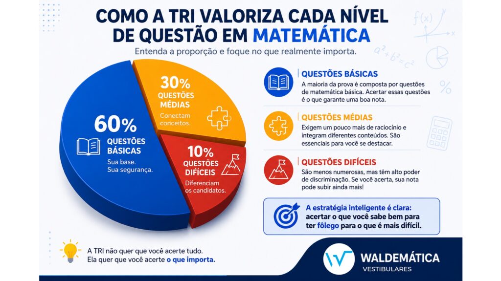 Gráfico de pizza dividindo a prova de matemática do ENEM em questões fáceis, médias e difíceis, demonstrando o peso da matemática básica.