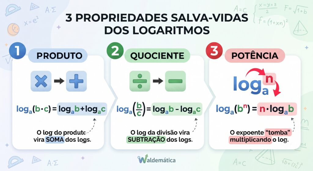 Uma infografia didática e moderna que funciona como um mapa mental condensado com as '3 PROPRIEDADES SALVA-VIDAS DOS LOGARITMOS' sobre um fundo claro com ícones matemáticos flutuantes (estilo image_2.png e image_7.png). O gráfico é dividido em três blocos distintos, numerados e coloridos, flutuando juntos. O título principal está no topo. Bloco 1 (Esquerda, Numerado 1, Tema Azul): 'PRODUTO'. Mostra um ícone de multiplicação ($\times$) se transformando em soma ($+$). Fórmula: $\log_a (b \cdot c) = \log_a b + \log_a c$ usando cores consistentes (a=Azul, b,c=Verde). Texto: 'O log do produto vira SOMA dos logs.' Bloco 2 (Centro, Numerado 2, Tema Verde): 'QUOCIENTE'. Mostra um ícone de divisão ($/$) se transformando em subtração ($-$). Fórmula: $\log_a (b / c) = \log_a b - \log_a c$ usando cores consistentes. Texto: 'O log da divisão vira SUBTRAÇÃO dos logs.' Bloco 3 (Direita, Numerado 3, Tema Vermelho/Destaque): 'POTÊNCIA ('A Regra do Tombo')'. Mostra um expoente '$n$' (Vermelho) 'tombando' (caindo com uma seta) para a frente do logaritmo para multiplicar. Fórmula: $\log_a (b^n) = n \cdot \log_a b$ usando cores consistentes. Texto: 'O expoente "tomba" multiplicando o log.' O estilo é moderno, digital e didático, com iluminação suave e logotipo 'Waldemática' sutil.