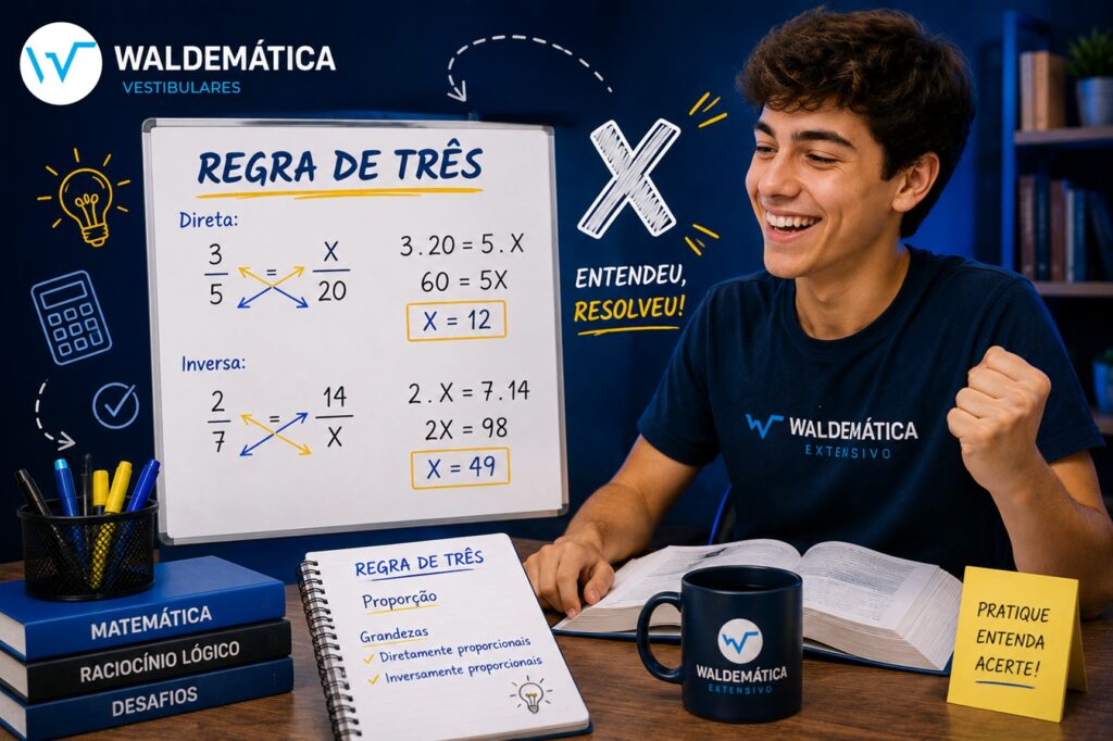 Estudante sorrindo ao lado de um quadro com cálculos de regra de três e setas de proporção, com o logo da Waldemática.