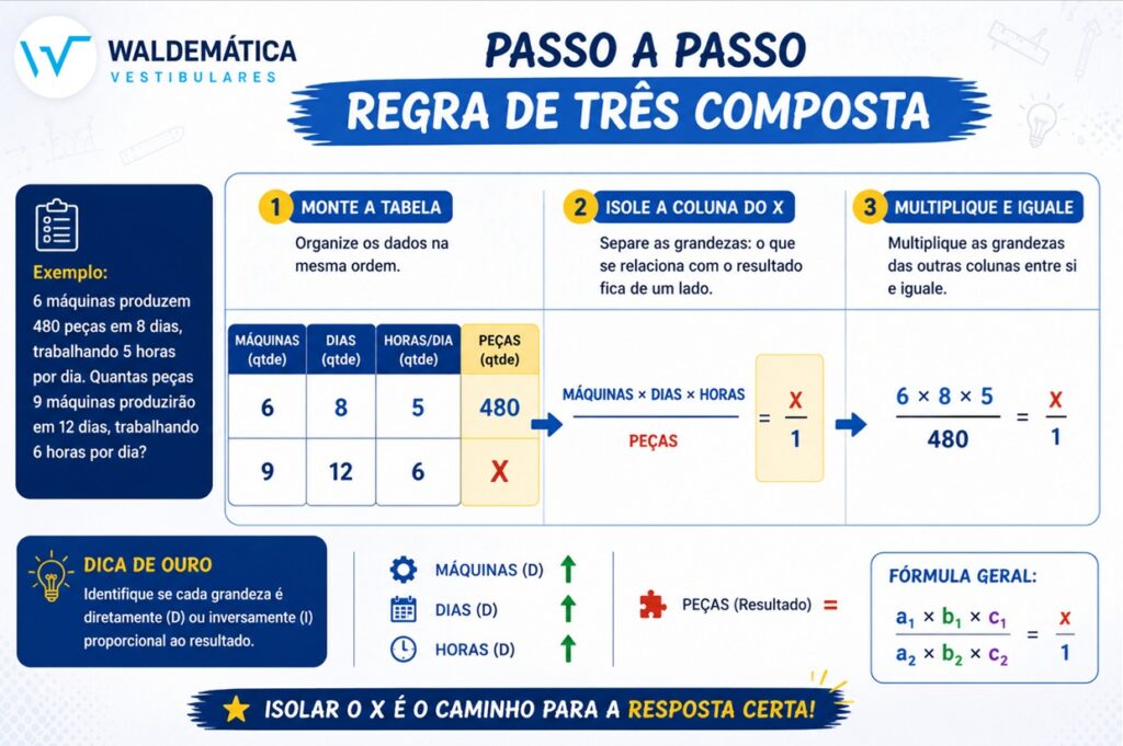 Tabela de resolução de regra de três composta isolando a fração com a incógnita X de um lado da igualdade.