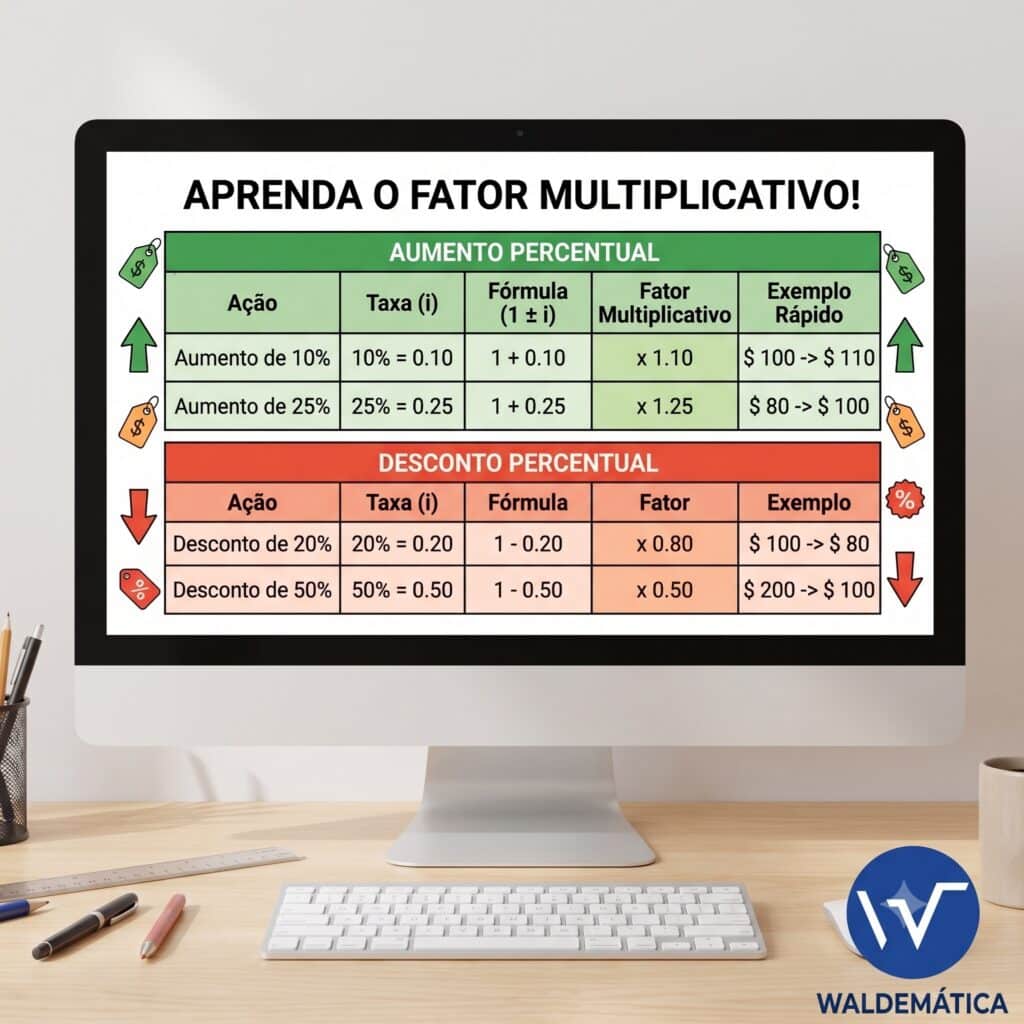 Tabela comparativa mostrando fórmulas e exemplos do fator multiplicativo para aumento e desconto percentual