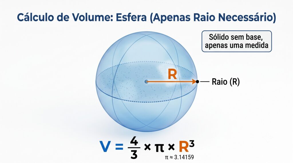Representação tridimensional de uma esfera (bola azul/amarela) com uma linha de raio 'R' laranja e a fórmula de volume em destaque, para ensinar a única medida necessária.