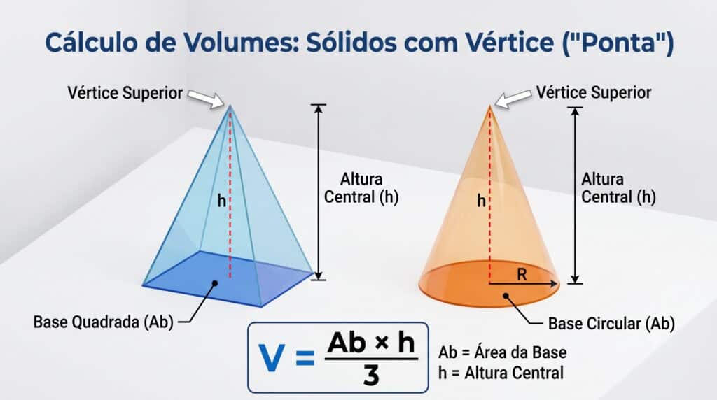 Ilustração de uma pirâmide quadrada (verde) e um cone (roxo) terminando em vértices ('pontas'), evidenciando a altura vertical central para o cálculo do volume.