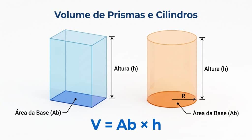 Desenho geométrico ilustrativo de um prisma retangular (caixa azul) e um cilindro (lata laranja) lado a lado, com a área da base e a altura realçadas para o cálculo de volumes.