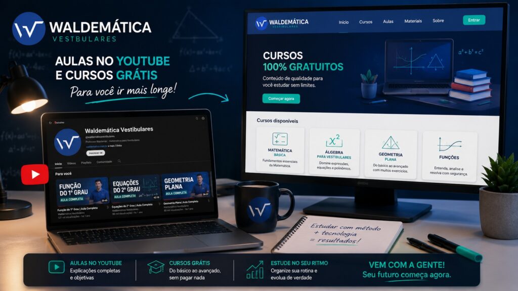 Tela de computador mostrando o canal do YouTube do Waldemática e a plataforma de cursos grátis.