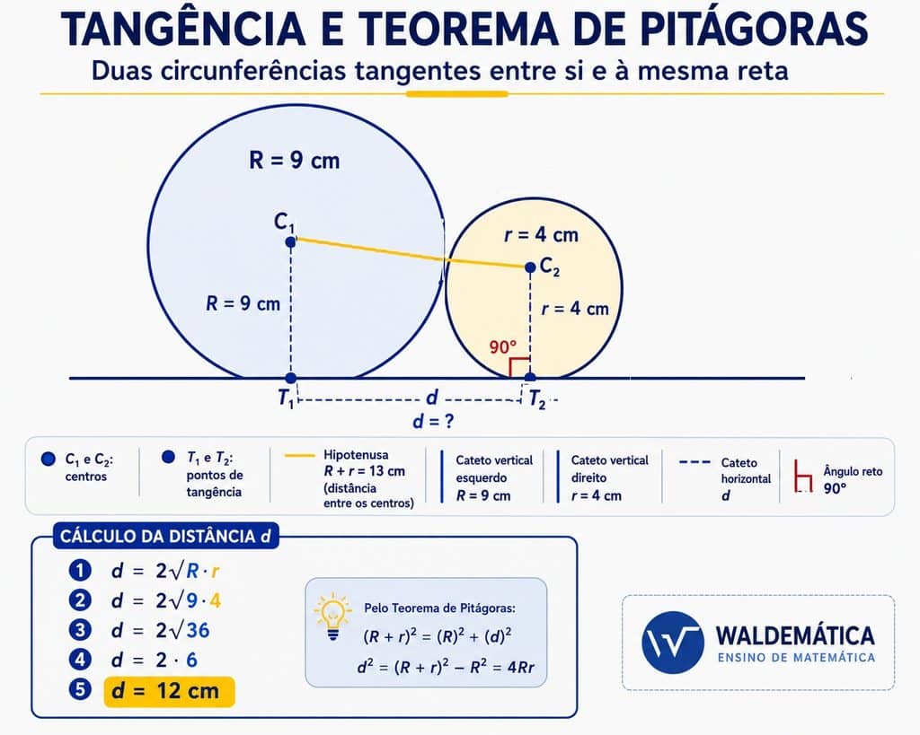 Resolução visual do cálculo da distância entre pontos de contato de duas circunferências de raios 9 e 4.