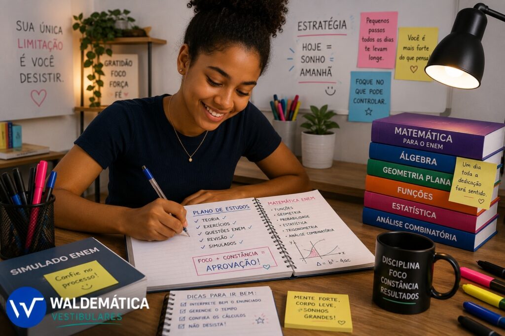 Estudante sorrindo enquanto estuda matemática para o ENEM em uma mesa organizada.