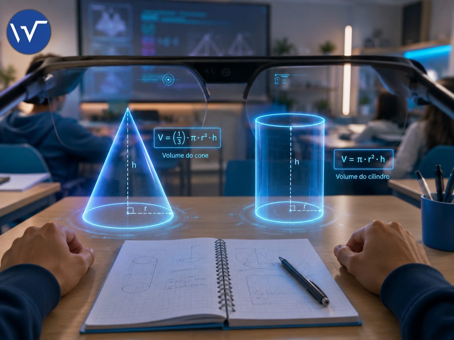 Visão holográfica mostrando o futuro da educação com IA em aulas de geometria.